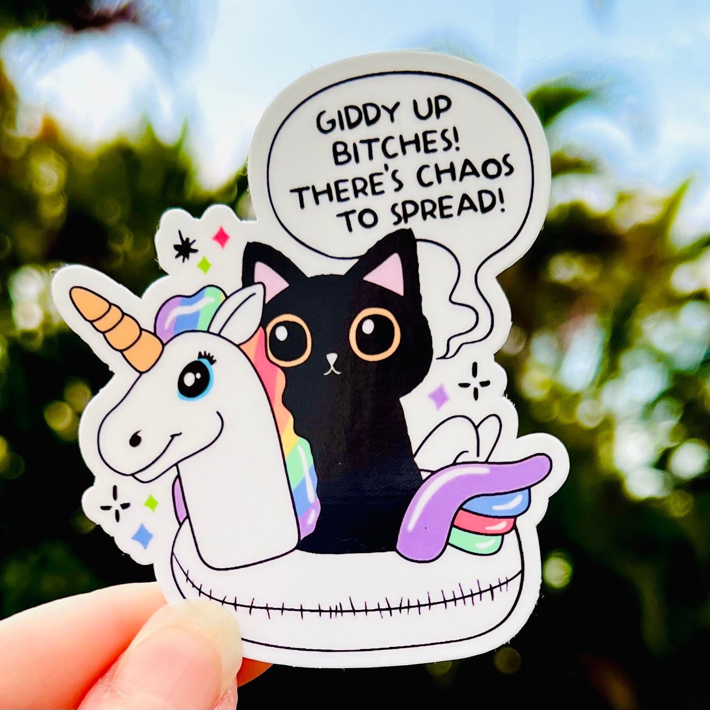 Giddy Up There’s Chaos to Spread! Black Cat Laminated Water and UV Resistant Sticker!